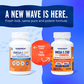 Omega-3 2100 MG with Turmeric bottles debut new fonts and colors to highlight joint support on the packaging.