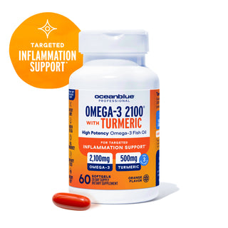 A bottle of Omega-3 2100 with Turmeric is shown next to a single orange softgel.