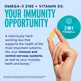 Hand holding a yellow capsule near an "Omega-3 2100 MG with Vitamin D3" ad on a blue background.