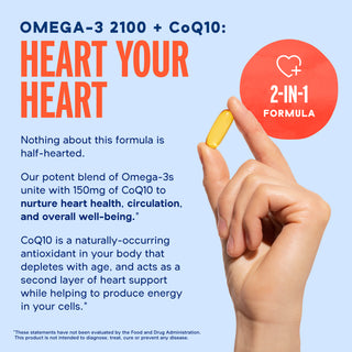 Hand holding Omega-3 2100 with CoQ10 capsule promoting heart health on a blue background.