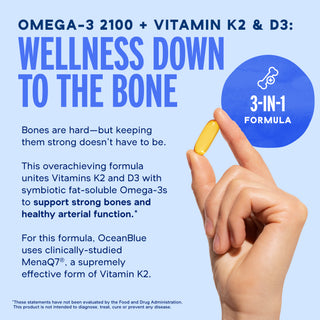 A hand holds Omega-3 2100 MG with Vitamin K2 & D3 capsules, supporting bone health.