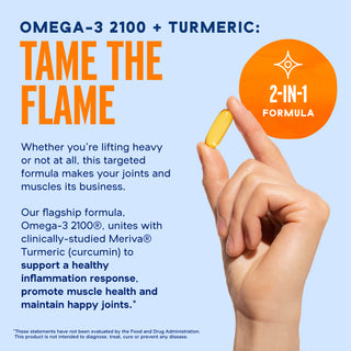 A hand holds a yellow capsule; text promotes Omega-3 2100 with Turmeric for joint and muscle health.