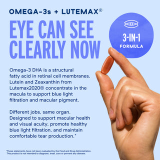 Hand holds a softgel of Omega-3 2100 with Lutein & Zeaxanthin, highlighting eye health support against blue sky.