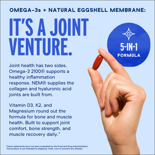 Hand holding Omega-3 2100 with NEM capsule for joint support and mobility, on a blue background.