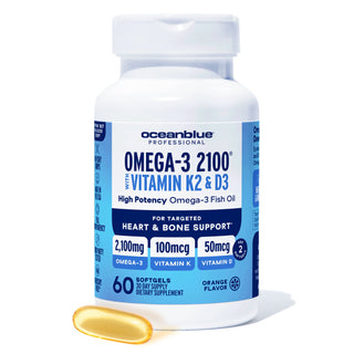 A white bottle of Omega-3 2100 MG with Vitamin K2 & D3, with a yellow softgel beside it, on a white background.