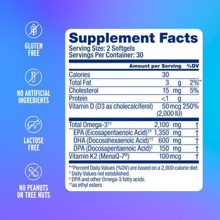 Supplement Facts for Omega-3 2100 MG with Vitamin K2 & D3; icons: gluten, lactose, nut, and artificial ingredient free.