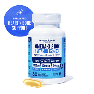 Omega-3 2100 with Vitamin K2 & D3, one softgel, with blue heart and bone support icons.