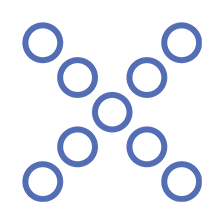 A pattern of 13 interconnected blue circles forming an abstract X shape on a white background. The circles are evenly spaced, creating a symmetrical design.