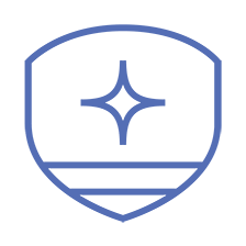 A simple blue shield icon with a four-pointed star in the center and two horizontal lines at the bottom on a transparent background.