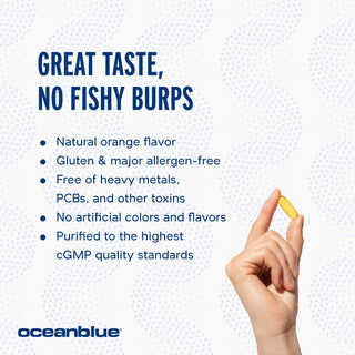 A hand holding a yellow capsule against a light blue dotted background. Text reads: Omega-3 2100 – Great taste, no fishy burps. Supports cardiovascular health with natural orange flavor. Gluten & allergen-free, free of heavy metals and artificial colors. cGMP quality. Oceanblue logo at bottom.