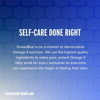 A blue-toned graphic with Self-Care Done Right at the top highlights OceanBlues mission to boost cognitive health through Omega-3 2100’s high-quality, pure ingredients. The OceanBlue logo appears at the bottom left.